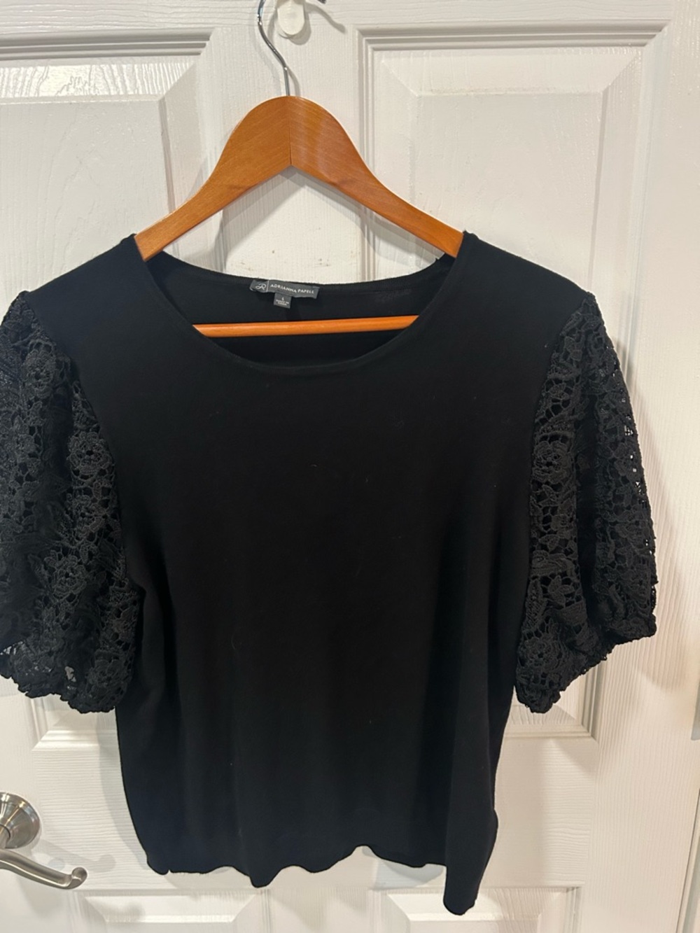Adrianna Papell Black Short Sleeve Tee with Lace Puff Sleeves